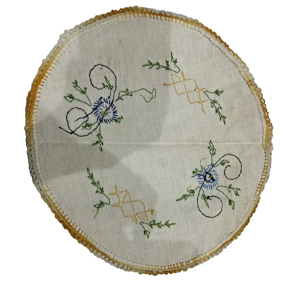 Vintage Embroidered‎ Linen Cross Stitch Blue Flowers Laced Edge Cottagecore